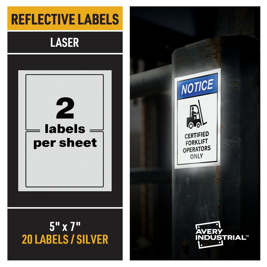 Avery® Reflective Sign Labels - 5" Width x 7" Length - Permanent Adhesive - Rectangle - Laser - Silver - Film - 2 / Sheet - 10 Total Sheets - 20 Total Label(s) - 20 Label - Water Resistant
