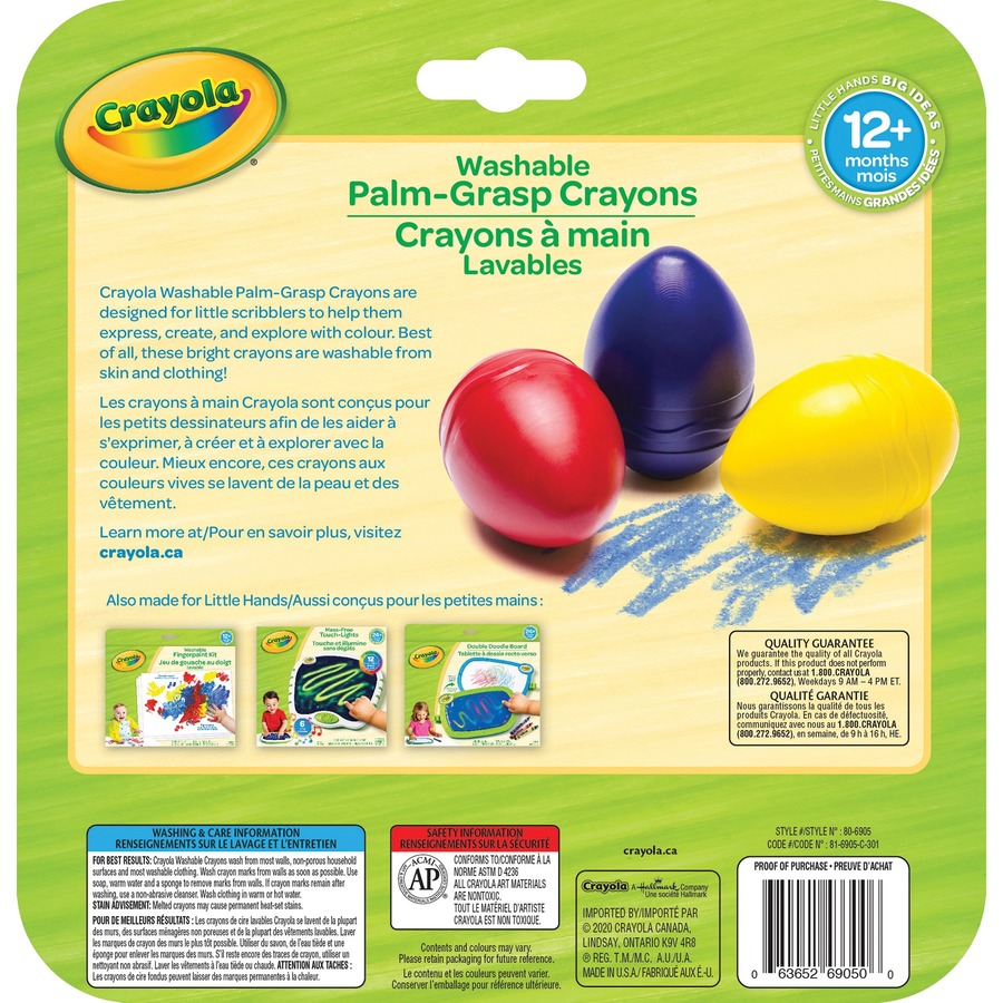 Crayola Washable Palm Grasp Crayons Assorted Colors Pack Of 3