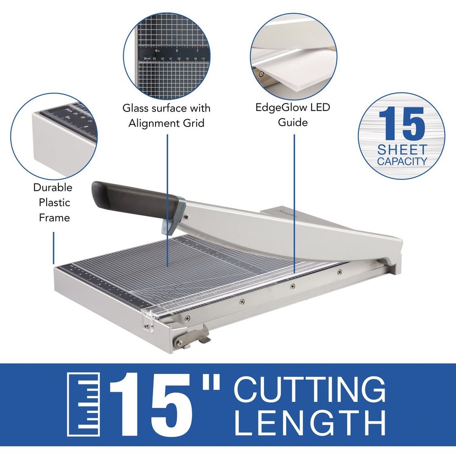 Swingline ClassicCut 1515G Guillotine Trimmer with EdgeGlow, Glass, 15" , 15 Sheets - 15 Sheet Cutting Capacity - 15" (381 mm) Cutting Length - Built-in LED, Durable, Safety Latch, Adjustable Alignment Guide, Sturdy - Plastic, Glass - 1 Each = SWIG7010004