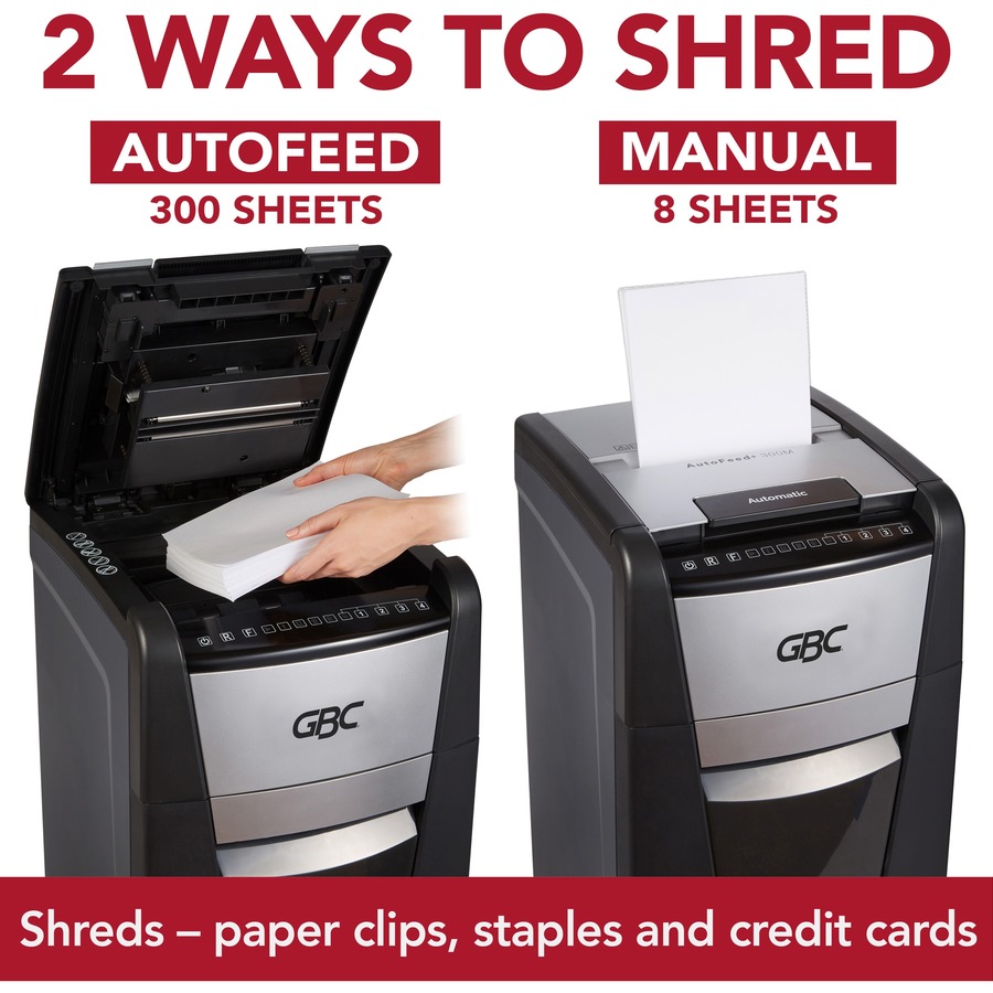 GBC AutoFeed+ Office Shredder, 300M, Micro-Cut, 300 Sheets - Continuous Shredder - Micro Cut - 8 Per Pass - for shredding Credit Card, Paper Clip, Staples, Paper - P-5 - 1 Hour Run Time - 60.57 L Wastebin Capacity - Black = GBCWSM1757609