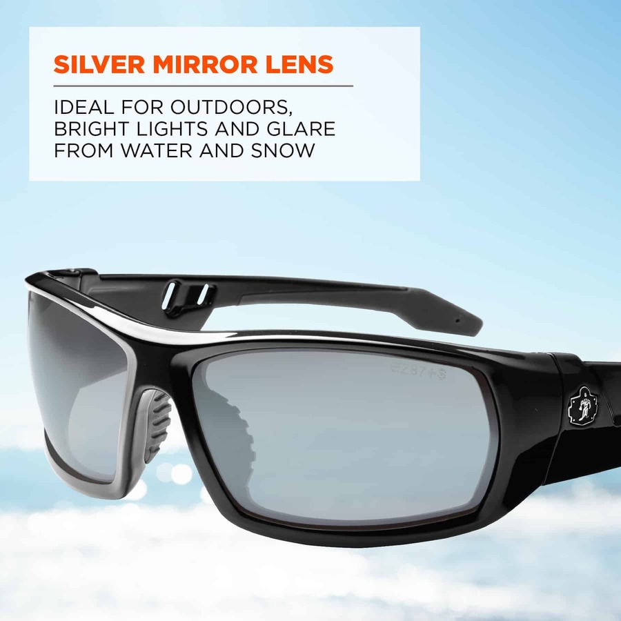 Skullerz Silver Mirror Safety Glasses - Recommended for: Sport, Shooting, Boating, Hunting, Fishing, Skiing, Construction, Landscaping, Carpentry - UVA, UVB, UVC, Debris, Dust Protection - Silver Mirror Lens - Black Frame - Scratch Resistant, Durable, Non
