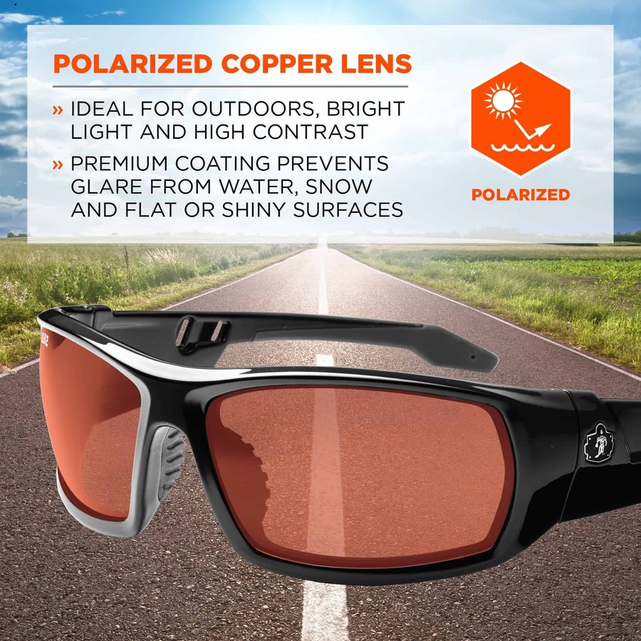 Skullerz Polarized Copper Safety Glasses - Recommended for: Sport, Shooting, Boating, Hunting, Fishing, Skiing, Construction, Landscaping, Carpentry - UVA, UVB, UVC, Debris, Dust Protection - Copper Lens - Black Frame - Scratch Resistant, Durable, Non-sli
