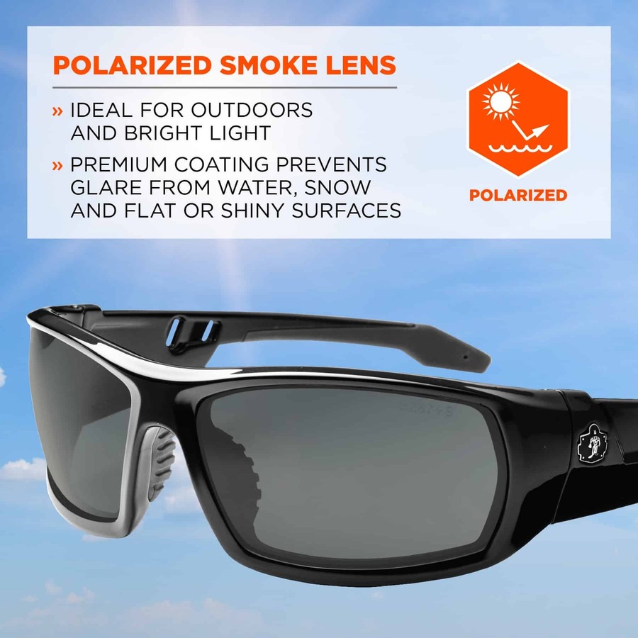 Skullerz Polarized Smoke Safety Glasses - Recommended for: Sport, Shooting, Boating, Hunting, Fishing, Skiing, Construction, Landscaping, Carpentry - UVA, UVB, UVC, Debris, Dust Protection - Smoke Lens - Black Frame - Scratch Resistant, Durable, Non-slip,