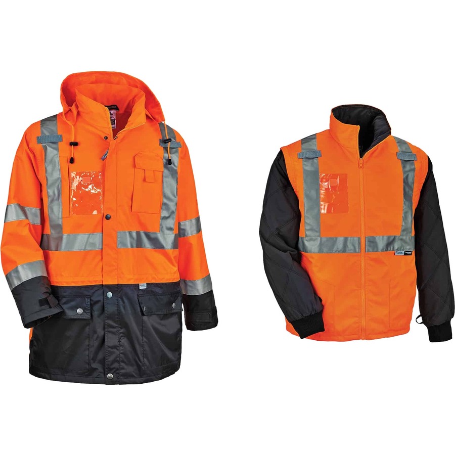 Ergodyne 8388 Type R Class 3/2 Thermal Jacket Kit - 5-Xtra Large Size - Dirt Protection - Zipper Closure - Polyurethane, 300D Oxford Polyester, Thinsulate - Orange - Breathable, Pocket, Front Pocket, Reflective, Mic Tab, Weather Proof, Inset Hood, Cell Ph