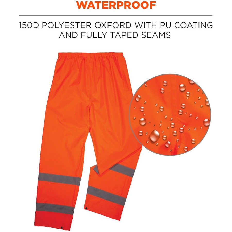 GloWear 8916 Lightweight Hi-Vis Rain Pants - Class E - For Rain Protection - Extra Large (XL) Size - Orange - Polyurethane, 150D Oxford Polyester