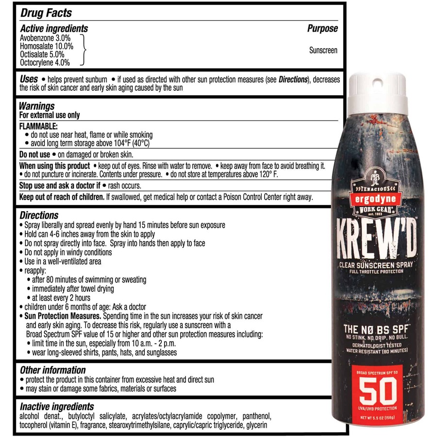 Ergodyne 6353 SPF 50 Sunscreen Spray - Spray - 5.50 fl oz - SPF 50 - Skin - UVA Protection, UVB Protection, Water Resistant, Lightweight, Non-greasy, Absorbs Quickly, Paraben-free, Phthalates-free, Hypoallergenic, Sweat Resistant, Octinoxate-free, ... - 1