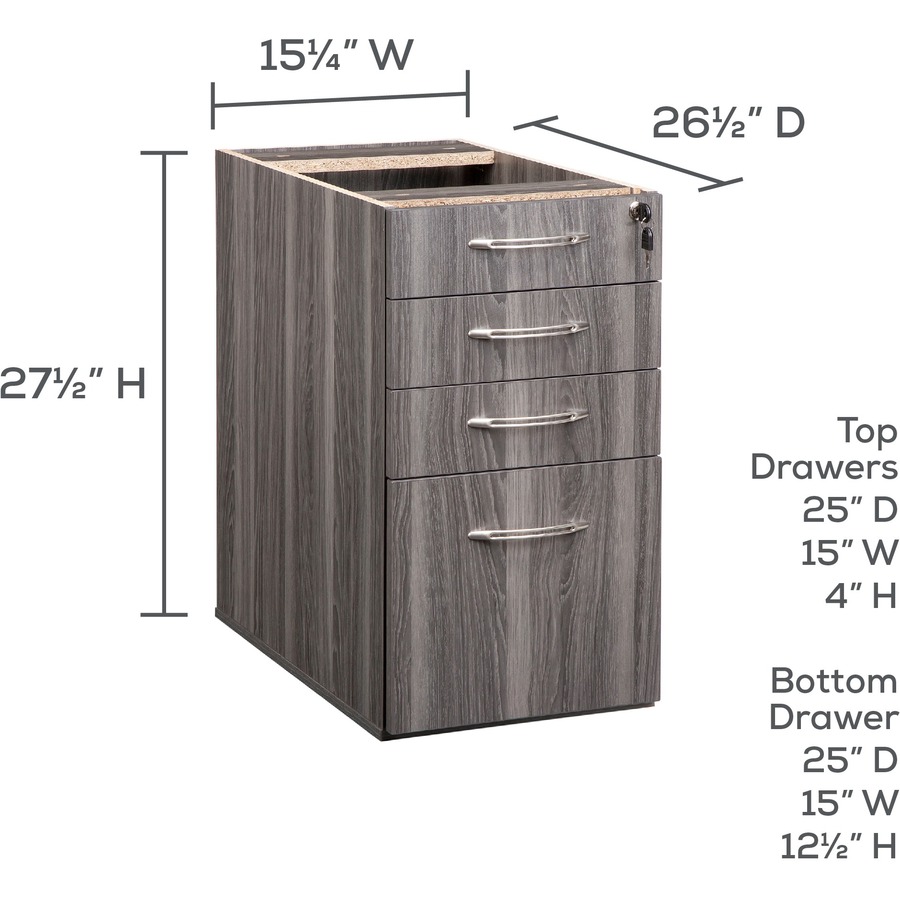 Safco Aberdeen Series Desk Pedestal, Pencil/Box/Box/File - 1" Surface, 15.1" x 25"4.1" , 12" x 22"9.4" Inside Drawer, 15.3" x 26.5"27.5" Pedestal - 4 x File, Storage, Box Drawer(s) - Material: Medium Density Fiberboard (MDF), Laminate - Finish: Gray Steel