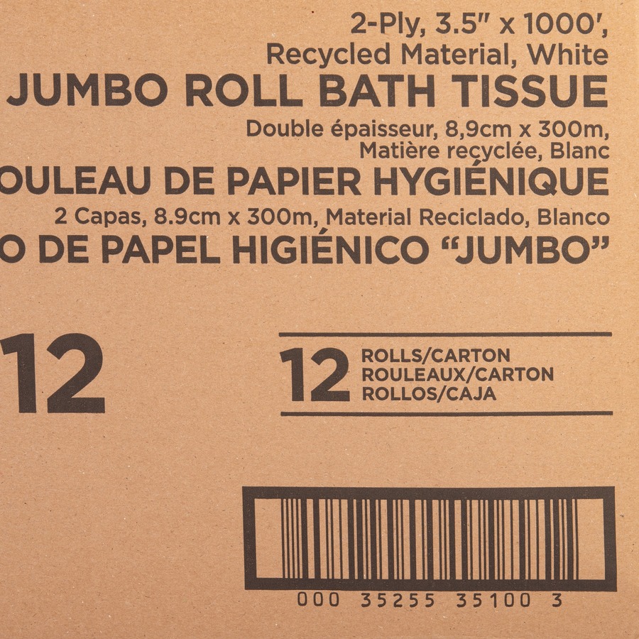 Genuine Joe Jumbo Jr Dispenser Bath Tissue Roll - 2 Ply - 3.50" x 1000 ft - 8.88" Roll Diameter - White - Fiber - 12 / Carton