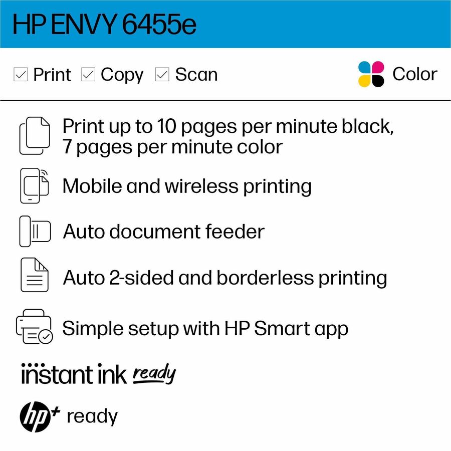 HP Envy 6455e Wireless Inkjet Multifunction Printer - Color - White - Copier/Mobile Fax/Printer/Scanner - 1200 x 1200 dpi Print - Automatic Duplex Print - Up to 1000 Pages Monthly - 100 sheets Input - Color Flatbed Scanner - 1200 dpi Optical Scan - Color 