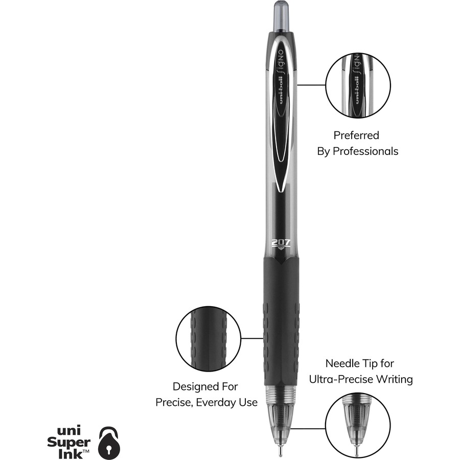 uniball™ 207 Needle Gel Pens - Medium Pen Point - 0.7 mm Pen Point Size - Needle Pen Point Style - Refillable - Retractable - Black Gel-based Ink - Black Plastic Barrel - Tungsten Carbide, Stainless Steel Tip - 4 / Pack