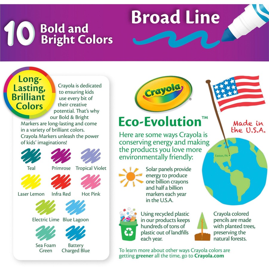 Crayola Bright/Bold Broad Line Markers - Broad Marker Point - Conical Marker Point Style - Multicolor - 10 / Pack