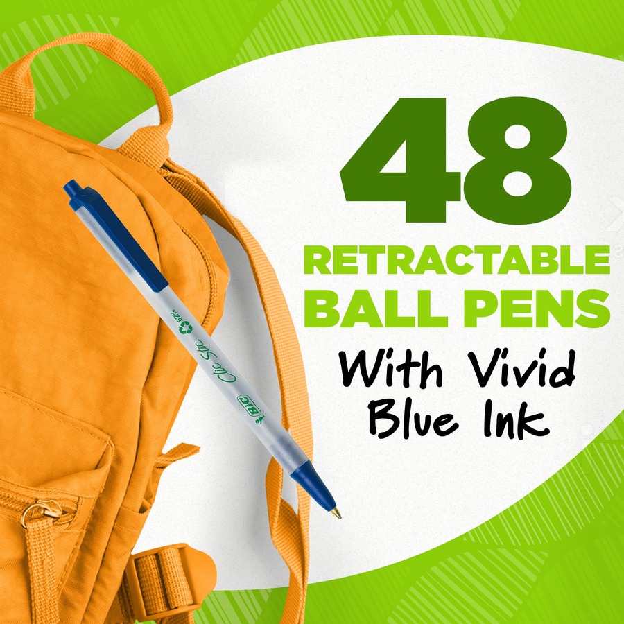 BIC Ecolutions Clic Stic Ballpoint Pen - Medium Pen Point - 1 mm Pen Point Size - Retractable - Blue - Semi Clear Barrel - 48 / Pack
