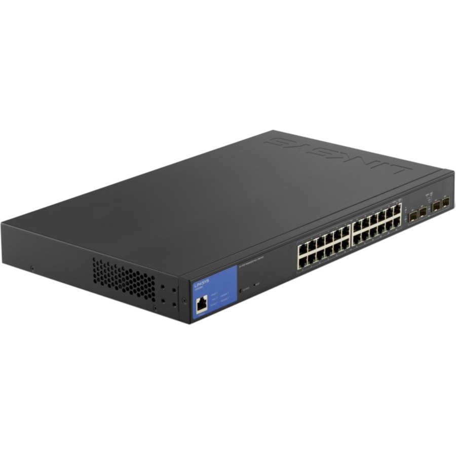 Linksys 24-Port Managed Gigabit PoE+ Switch with 4 1G SFP Uplinks - 24 Ports - Manageable - Gigabit Ethernet - 1000Base-T, 1000Base-X - TAA Compliant - 2 Layer Supported - Modular - 4 SFP Slots - 305.24 W Power Consumption - 250 W PoE Budget - Optical Fib