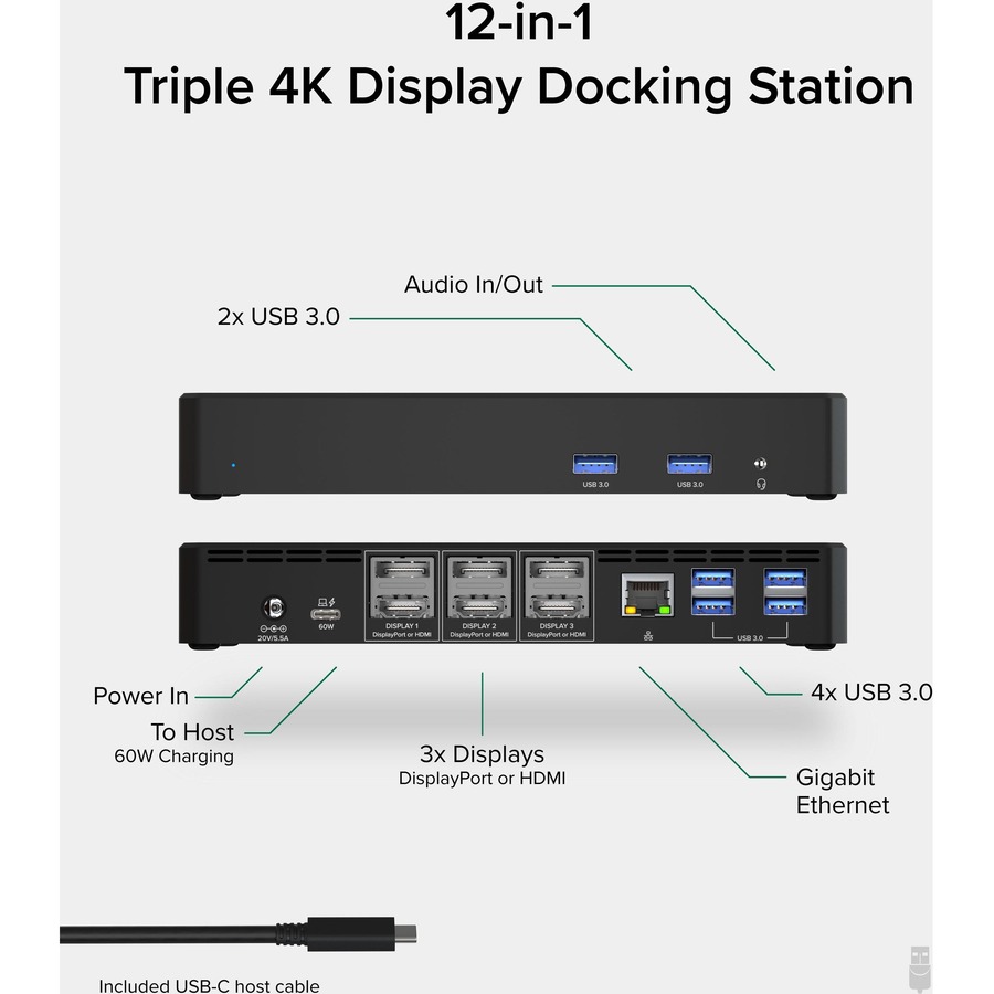 Plugable 12-in-1 USB C Docking Station Triple 4K Displays with 3x HDMI or 3x DisplayPort with 60W Charging