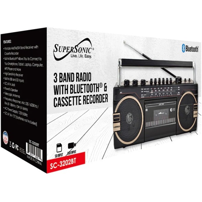 SUPERSONIC SC-2121BT Bluetooth audio system with CD player, cassette deck, AM/FM radio, USB input, and detachable speakers — alternate view 1