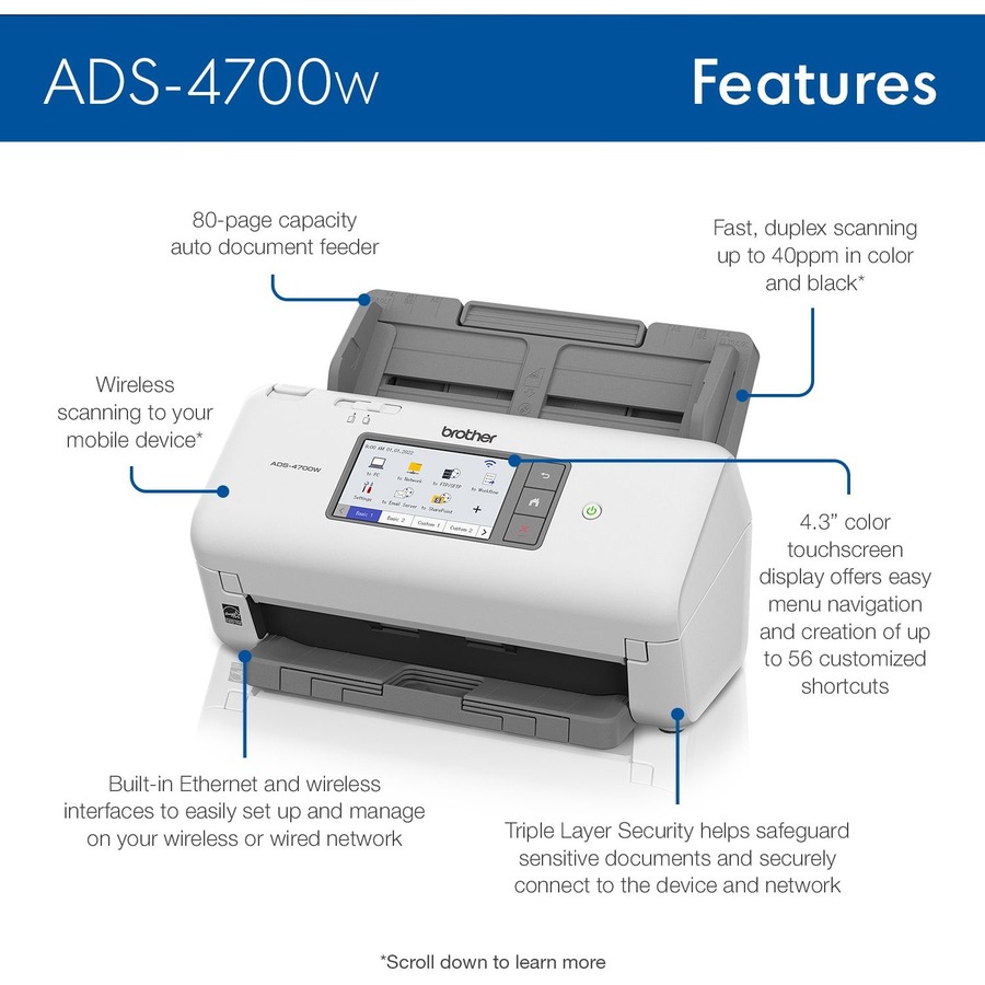 Brother ADS-4700W Professional Desktop Scanner for Business Workgroups - Sheetfed Scanners - BRTADS4700W