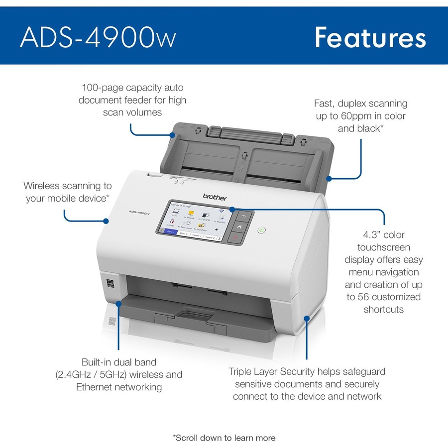 Brother Professional Desktop Scanner ADS-4900W - 48-bit Color - 60 ppm (Mono) - 60 ppm (Color) - Duplex Scanning - USB