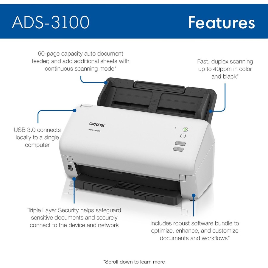 Brother ADS-3100 Sheetfed Scanner - 600 x 600 dpi Optical - 48-bit Color - 40 ppm (Mono) - 40 ppm (Color) - Duplex Scanning - USB