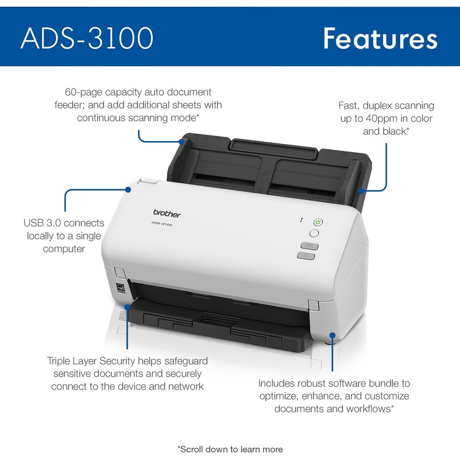 Brother ADS-3100 Sheetfed Scanner - 600 x 600 dpi Optical