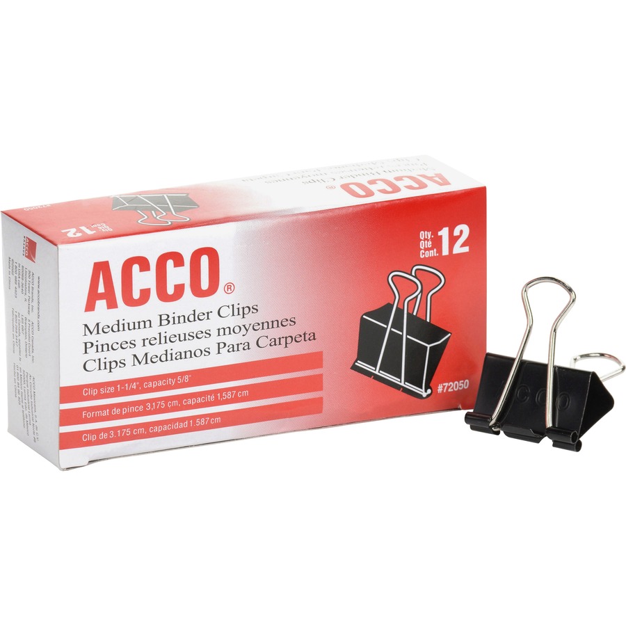 ACCO Medium Foldback Binder Clips 1 1/4 wide (5/8 capacity) - Medium -  1.25 (31.75 mm) Width - 0.6 Size Capacity - Reusable - 12 / Box - Black