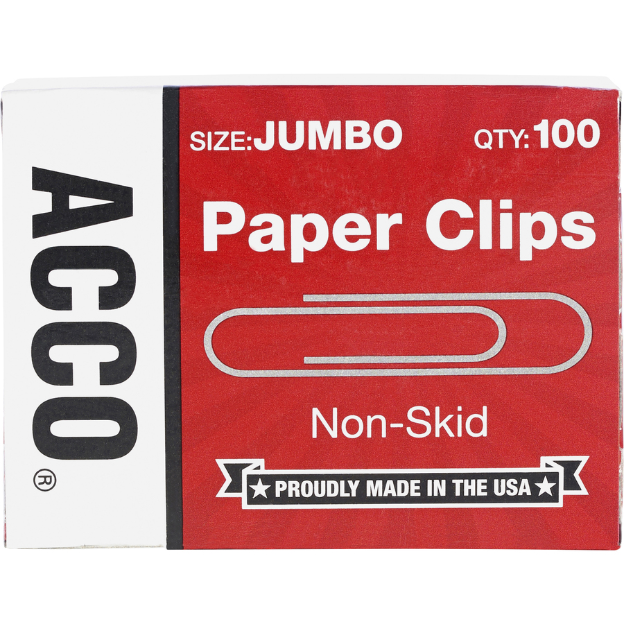 ACCO Economy Jumbo Non-Skid Paper Clips - Jumbo - No. 1 - 20 Sheet Capacity - Non-skid, Galvanized, Corrosion Resistant - 100 / Box - Silver - Metal, Zinc Plated = ACC72585