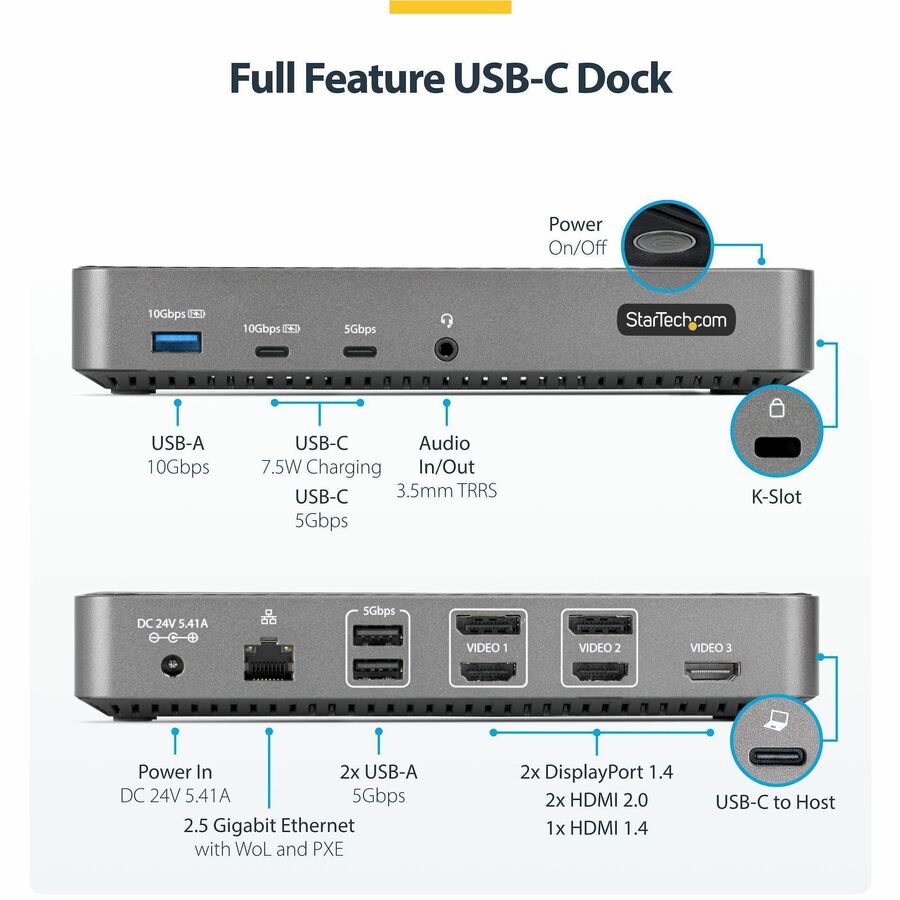 StarTech USB-C Triple Monitor Docking Station - Triple 4K HDMI/DP USB-C Dock - 5x USB Hub - GbE - 100W PD - Universal / Multi Monitor