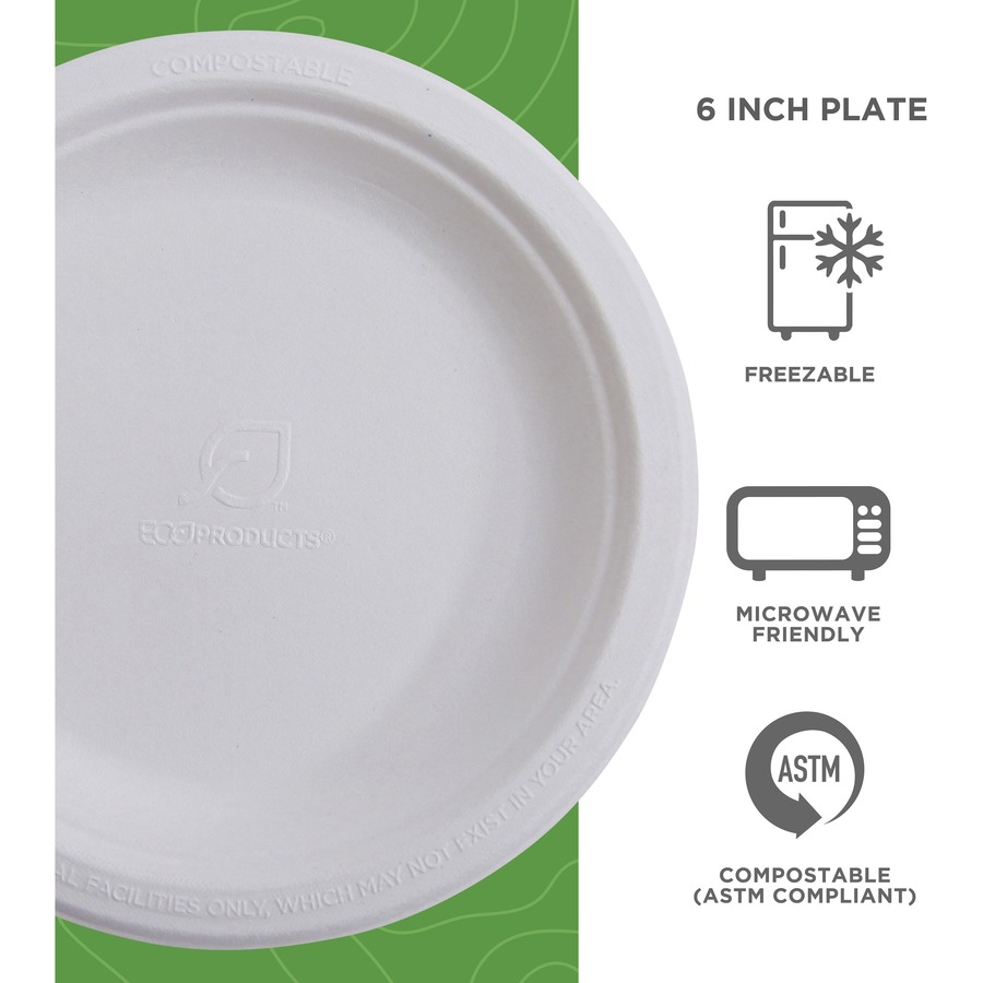 Eco-Products Vanguard 6" Sugarcane Plates - Breakroom - Disposable - Microwave Safe - 6" Diameter - White - Sugarcane Fiber Body - 1000 / Carton