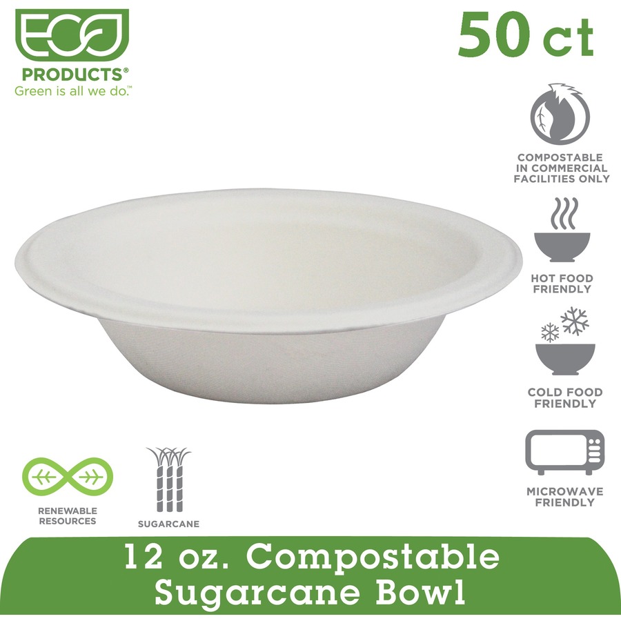Eco-Products Vanguard 12 oz Sugarcane Bowls - Breakroom - Disposable - Microwave Safe - White - Sugarcane Fiber Body - 1000 / Carton