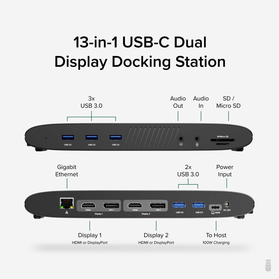 Plugable 13-in-1 USB C Docking Station Dual Monitor, 100W Charging, Dual 4K Displays 2x HDMI or 2x DisplayPort