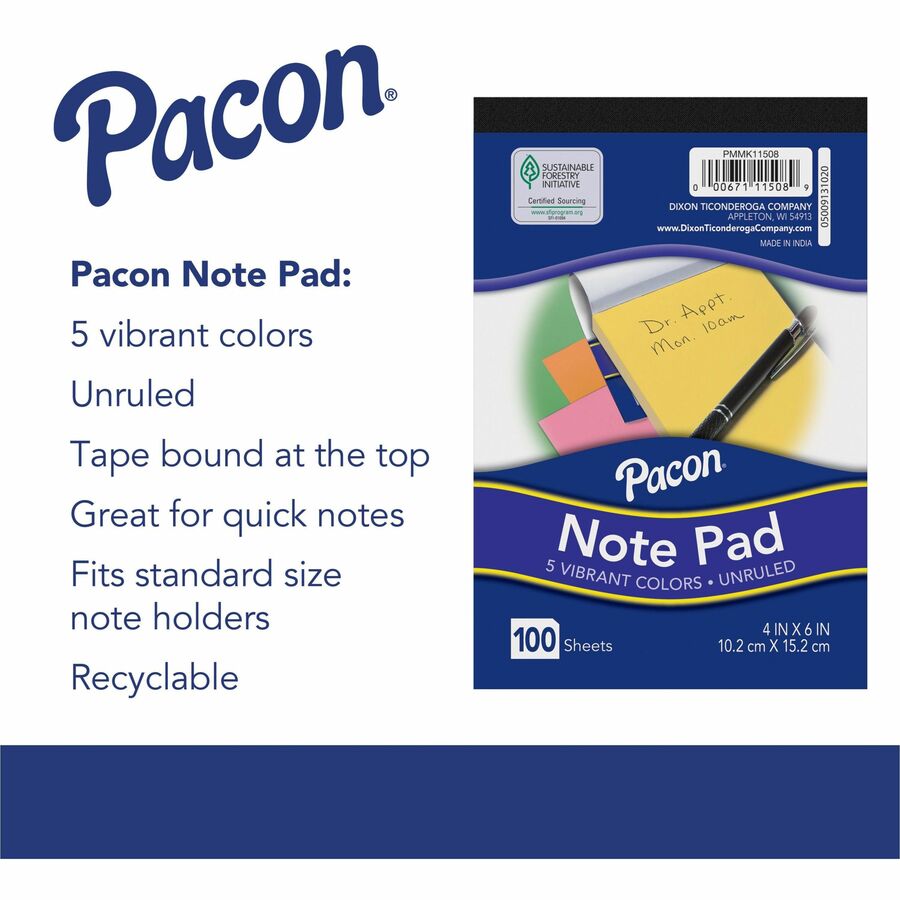 Pacon Note Pad - 4" x 6" - Rectangle - 100 Sheets per Pad - Unruled - Assorted - Recyclable, Compact - 1 Each
