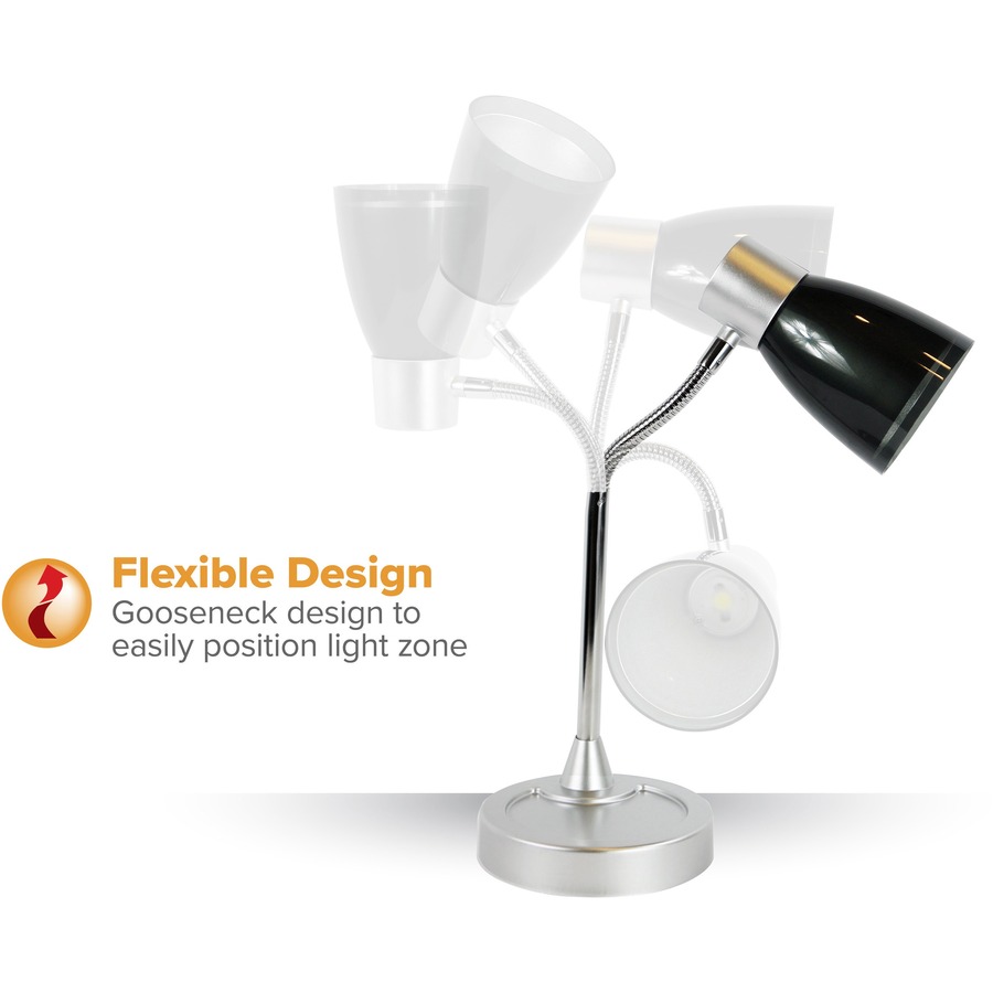 Bostitch Adjustable Desk Lamp, Black - 20" Height - 3 W LED Bulb - Polished Metal - Adjustable Head, Flicker-free, Glare-free Light, Gooseneck, Flexible, Eco-friendly - 250 lm Lumens - Desk Mountable, Table Top - Black, Silver - for Desk, Table, Dorm, Off