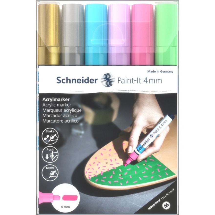 Schneider Paint-It 320 Paint Marker - Bullet Marker Point Style - Gold, Silver, Pastel Blue, Pastel Purple, Pastel Pink, Pastel Pink Water Based Ink - 6 / Pack = PSY120296