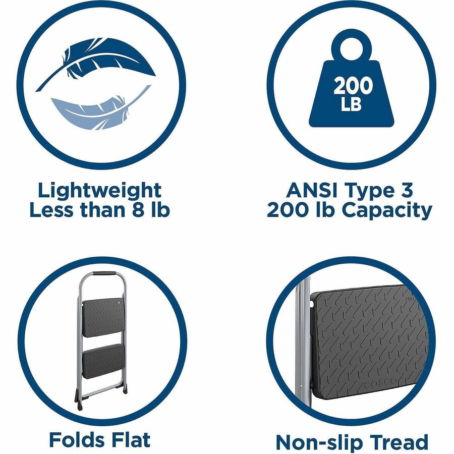 Cosco 2-Step Big Step Folding Step Stool - 2 Step - 200 lb Load Capacity - Type III - 17.7" Width x 22.8" Depth x 34.6" Height - Platinum, Black