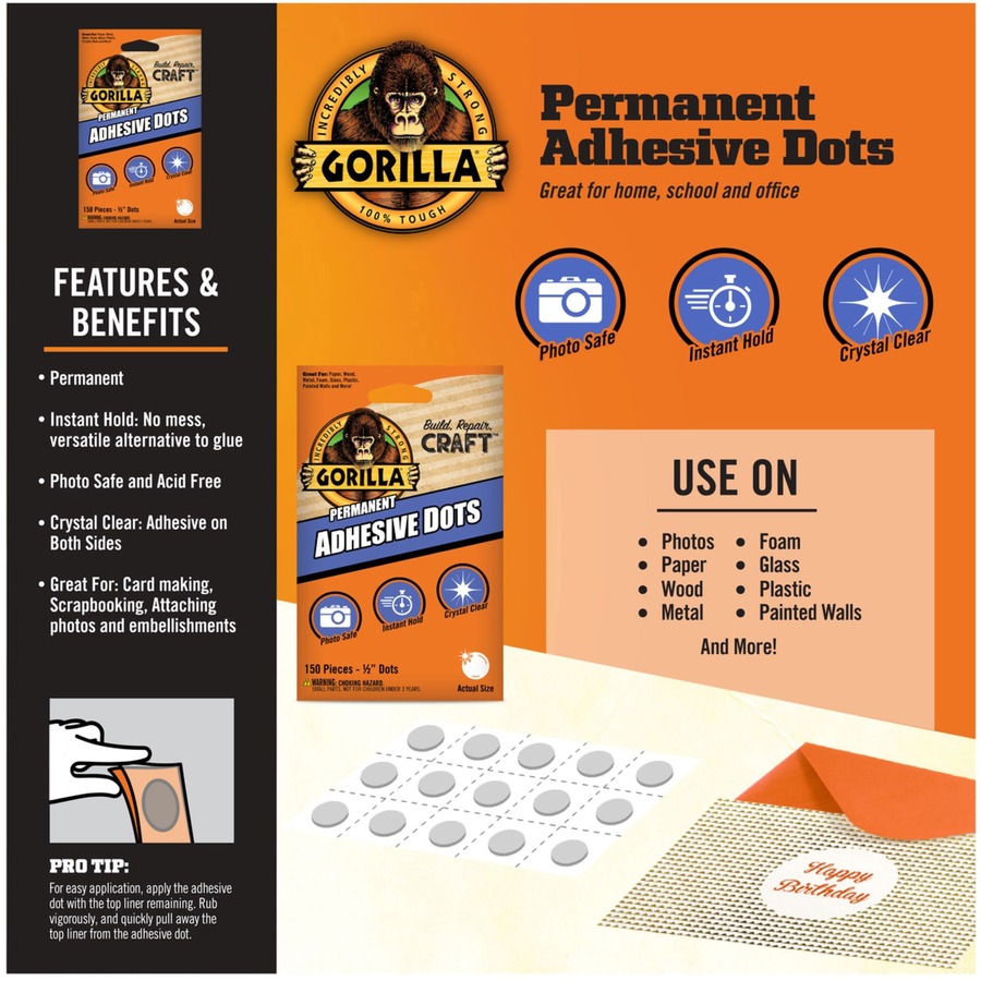 Gorilla Permanent Adhesive Dots - 150 / Pack - Clear