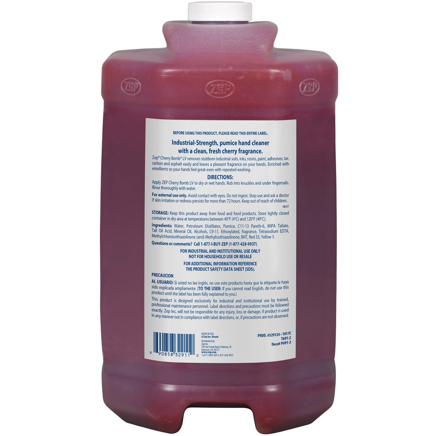 Zep Cherry Bomb LV Industrial Hand Cleaner - Cherry ScentFor - 1 gal (3.8 L) - Dirt Remover, Grime Remover, Soil Remover, Ink Remover, Resin Remover, Paint Remover, Adhesive Remover, Tar Remover, Asphalt Remover, Odor Remover, Grease Remover - Hand, Indus