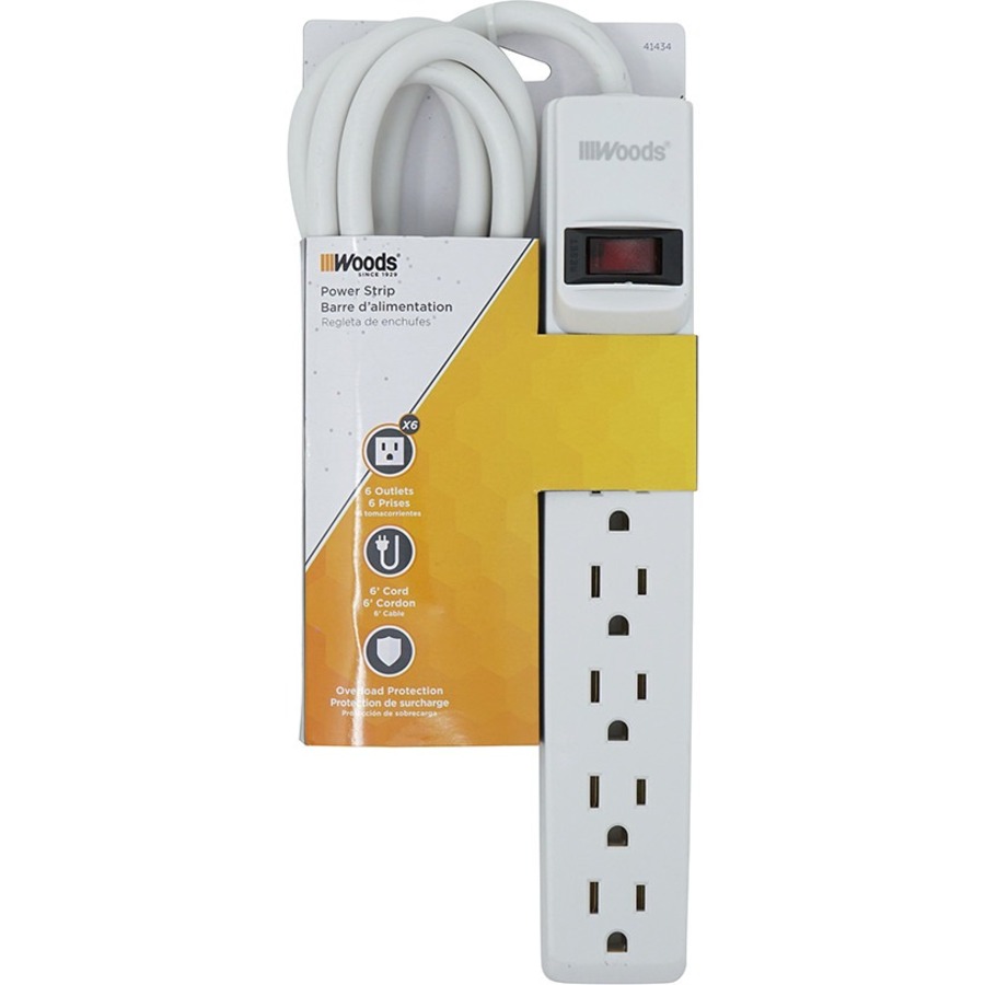 Wood Industries Power Strip - 6 x AC Power - 6 ft Cord - 15 A Current - 120 V AC Voltage - 1.80 kW - White - Power Strips - WOO41434