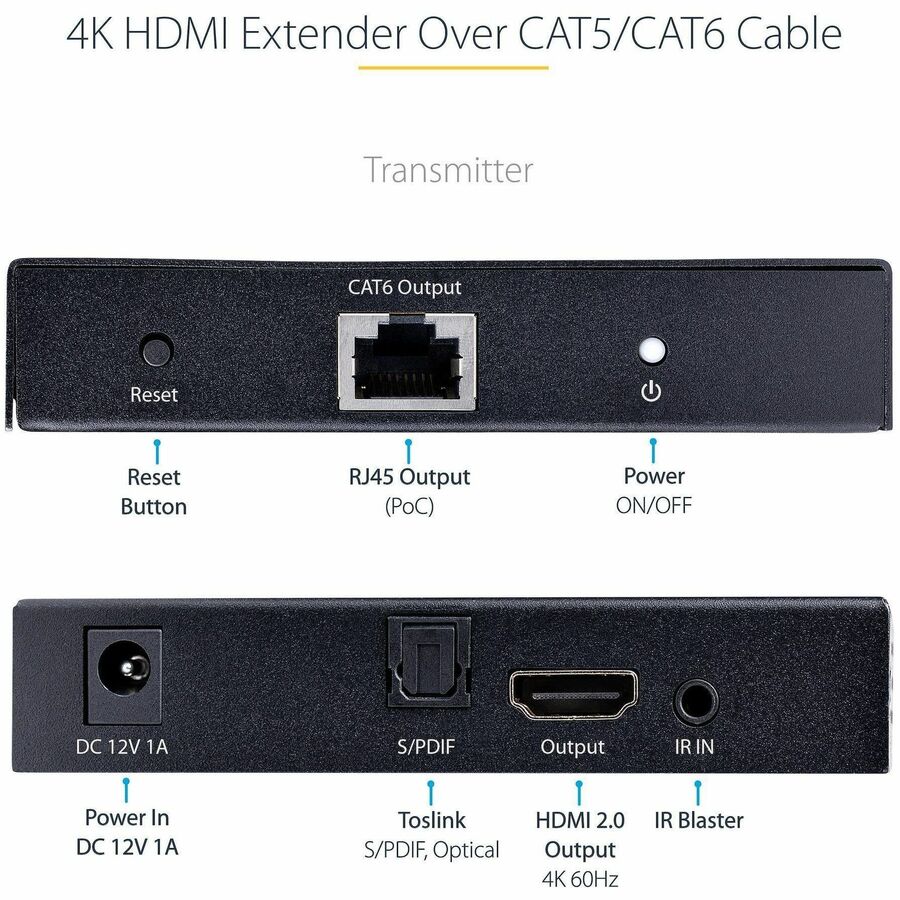 StarTech.com 4K HDMI Extender Over CAT5/CAT6 Cable, 4K 60Hz Video Extender Up to 230ft (70m), HDMI Over Ethernet Cabling, S/PDIF Audio Out