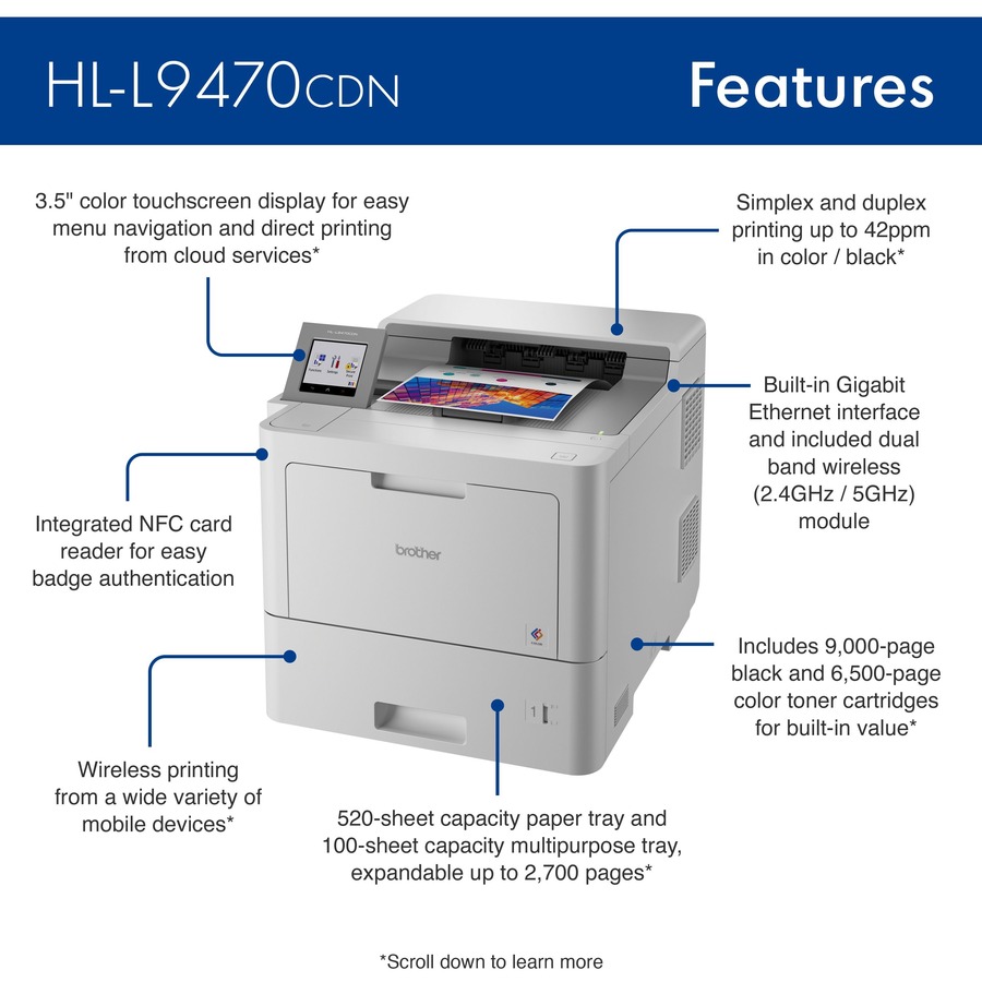 Brother Workhorse HL-L9470CDN Enterprise Color Laser Printer with Fast Printing, Large Paper Capacity, and Advanced Security Features