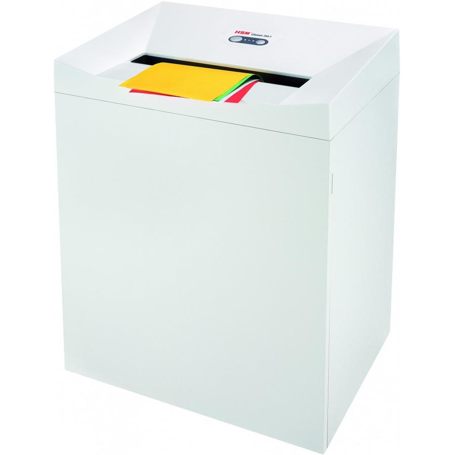 HSM Classic 390.3 - 1/32" x 3/16" + External Autom. Oiler - Continuous Shredder - Particle Cut - 7 Per Pass - for shredding Paper, Staples, Paper Clip - 0.031" x 0.188" Shred Size - P-7/F-3 - 15.75" Throat - 39.10 gal Wastebin Capacity - Light Gray