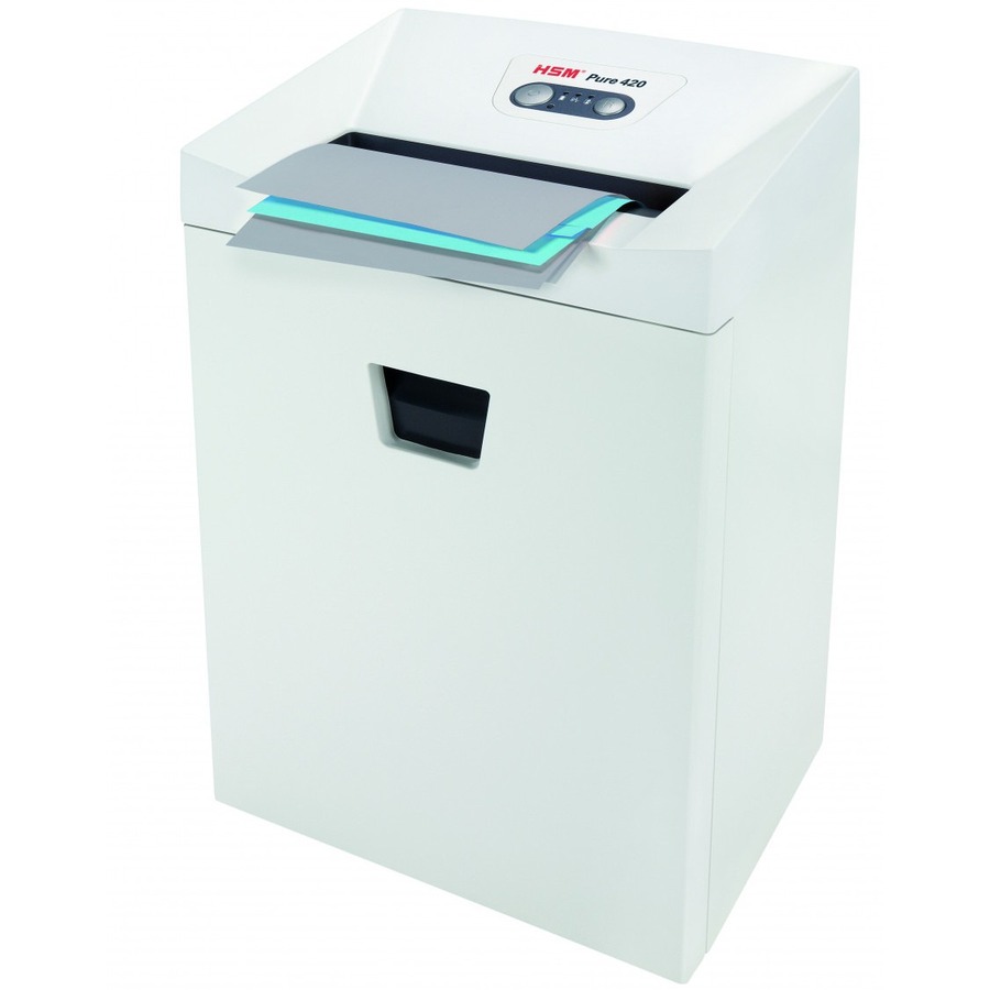 HSM Pure 420 - 1/4" - Continuous Shredder - Strip Cut - 24 Per Pass - for shredding Staples, Paper, Paper Clip, Credit Card, CD, DVD - 0.250" Shred Size - P-2/O-2/T-2/E-2 - 9.45" Throat - 9.20 gal Wastebin Capacity - White - TAA Compliant