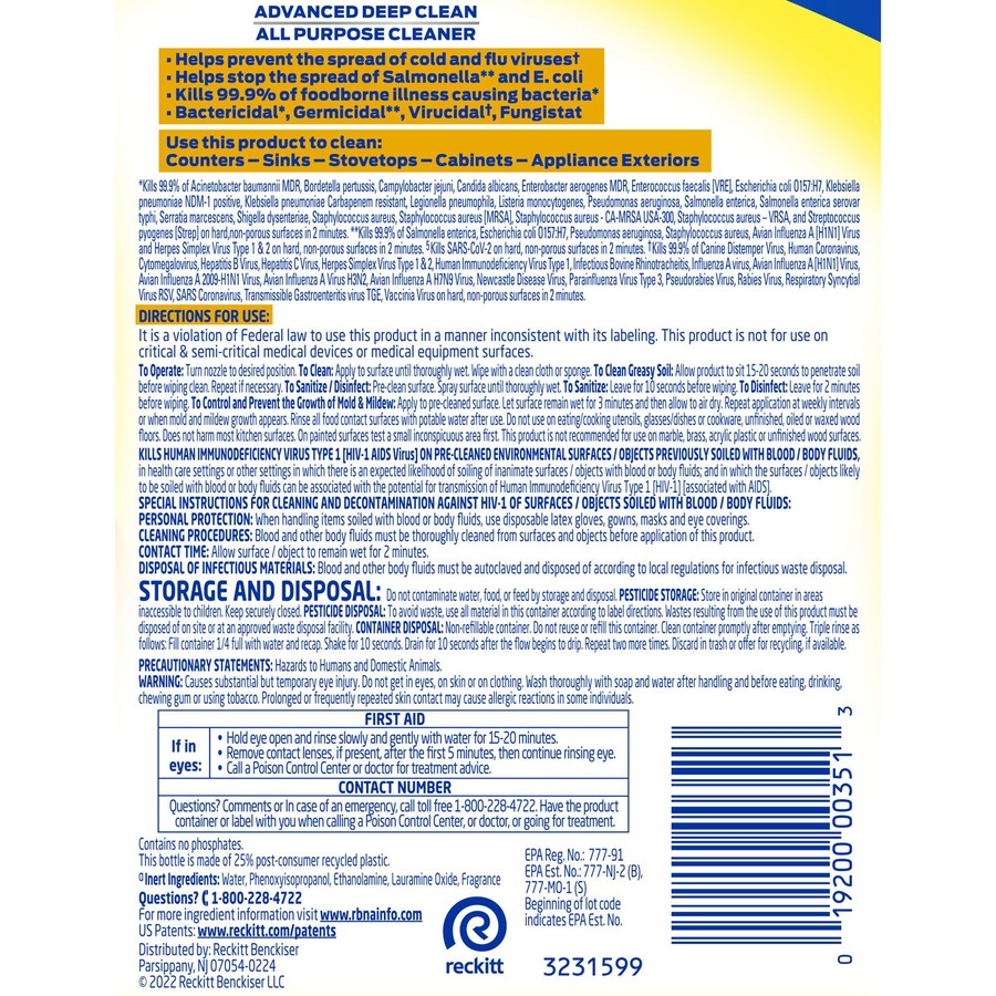 Lysol Advanced Deep Cleaner - 32 fl oz (1 quart) - Lemon Breeze Scent - 12 / Carton - Disinfectant - Clear