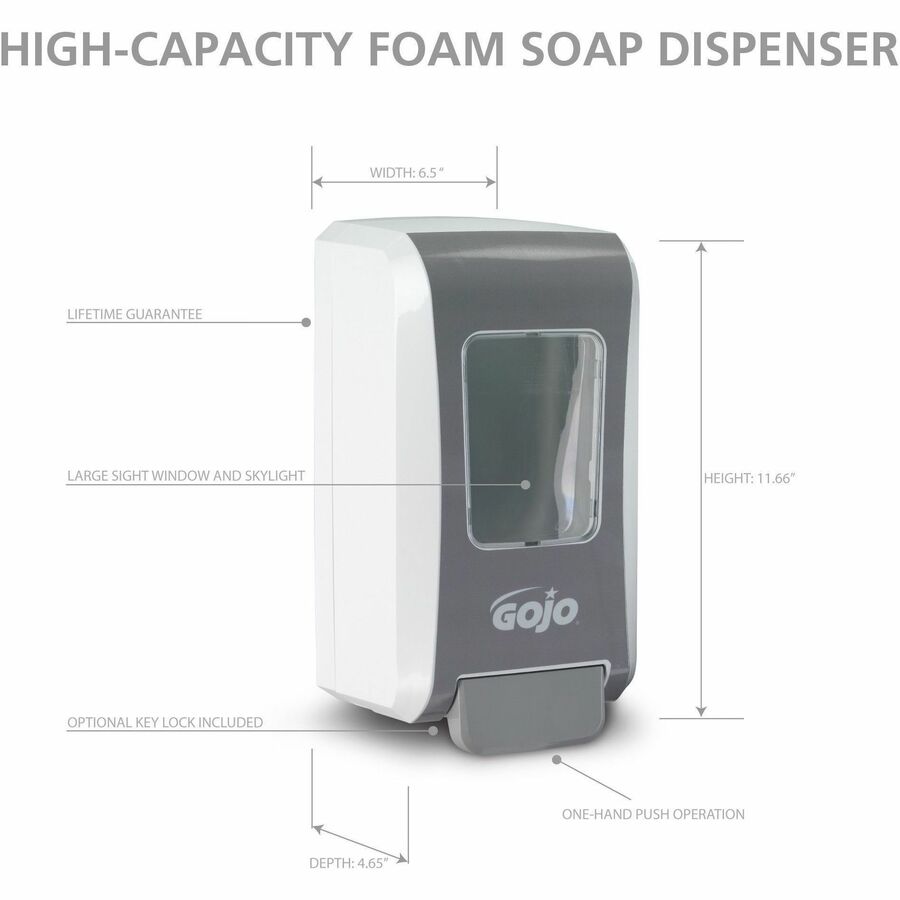 Gojo® Push-Style FMX-20 Foam Soap Dispenser - 2.11 quart Capacity - Durable, Rugged, Wall Mountable, Easy-to-load - White, Gray