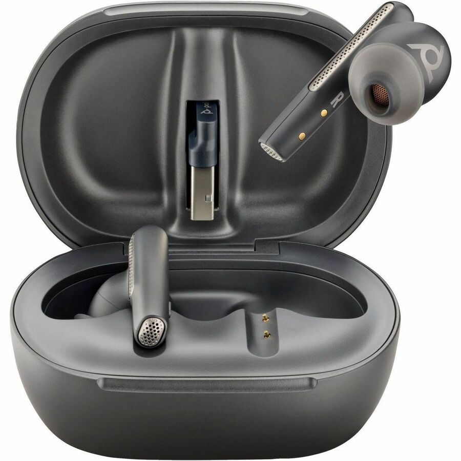Poly Voyager Free 60+ UC carbon black true wireless earbuds with BT700 USB-C adapter and touchscreen charge case — alternate view 1
