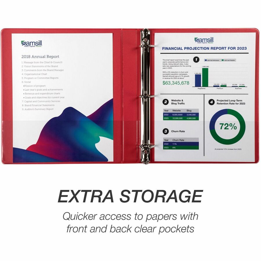Samsill Durable Three-Ring View Binder - 1" Binder Capacity - 225 Sheet Capacity - 3 x D-Ring Fastener(s) - 2 Internal Pocket(s) - Polypropylene, Chipboard - Red - Recycled - Durable, PVC-free, Ink-transfer Resistant, Clear Overlay, Sturdy - 1 Each