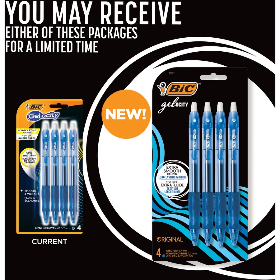 BIC Gel Retractable Pens - Medium Pen Point - 0.7 mm Pen Point Size - Refillable - Retractable - Blue Water Based Ink - Transparent Barrel - 4 / Pack - Gel Ink Pens - BICRLCP41BL