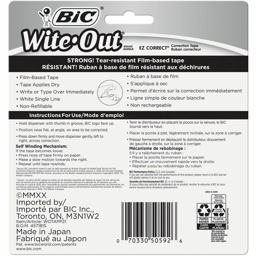 Wite-Out EZ Correct Correction Tape - 0.17" (4.20 mm) Width x 33.1 ft Length - 1 Line(s) - White Tape - Non-refillable - 2 / Pack - White - Correction Tapes - BICWOTAPP21