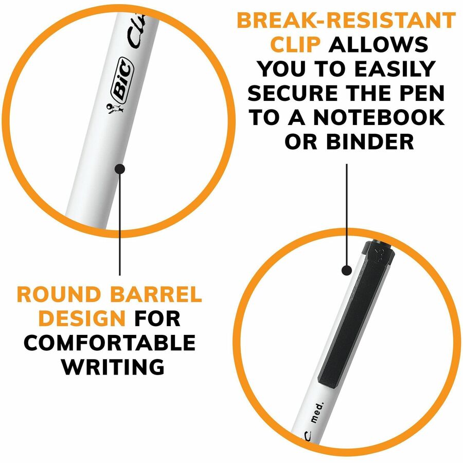 BIC Clic Stic Retractable Ballpoint Pens - Medium Pen Point - Retractable - Black - White Barrel - Brass Tip - 24 / Box - Ballpoint Retractable Pens - BICCSM241BLK
