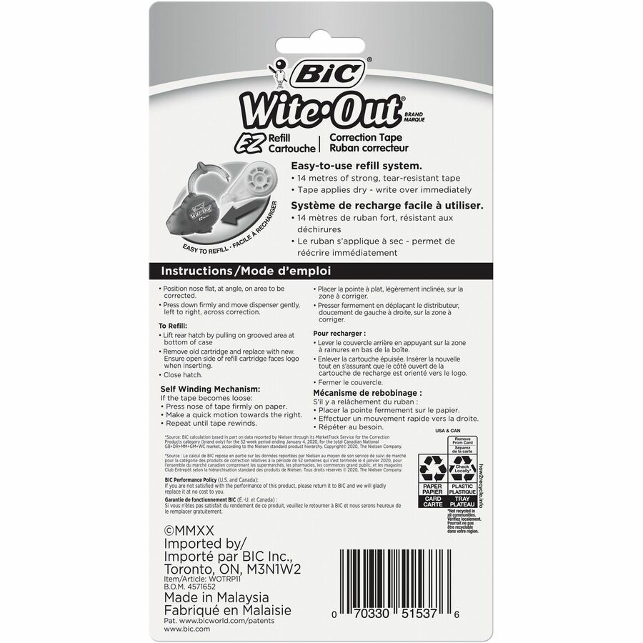 Wite-Out EZ Refill Correction Tape - 0.20" (5.08 mm) Width x 45 ft Length - White Tape - Refillable, Tear Resistant, Writable Surface, Reusable - 1 Each - Correction Tapes - BICWOTRP11