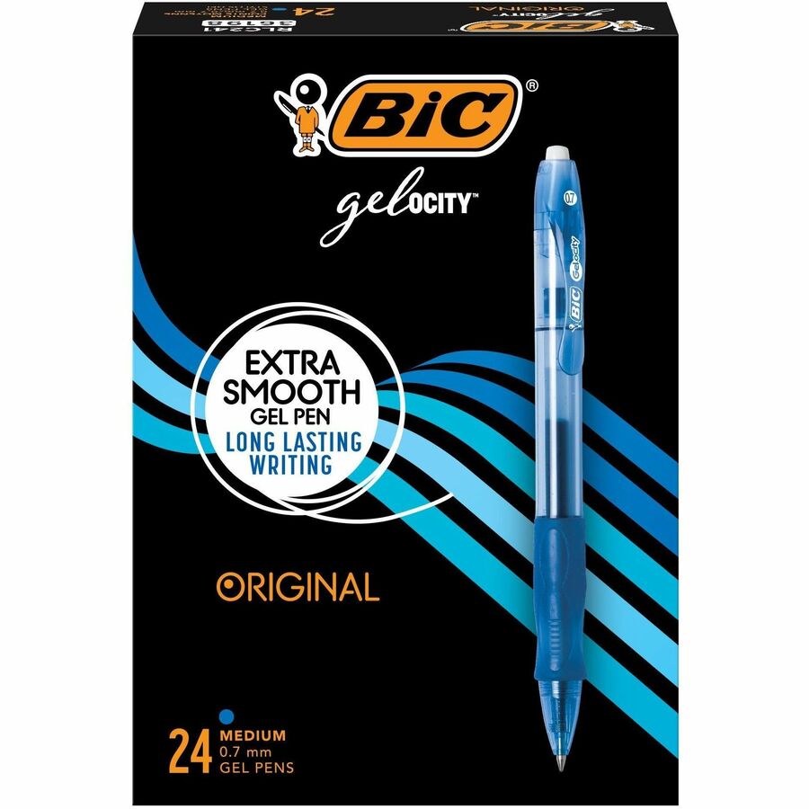 BIC Gel-ocity Original Gel Retractable Pens - 0.7 mm Pen Point Size - Refillable - Retractable - Blue - Tinted Clear, Blue Barrel - 24 / Box - Gel Ink Pens - BICRLC241BE
