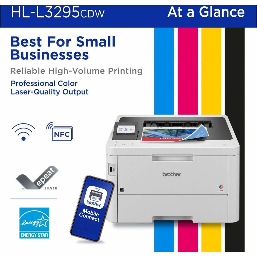 Brother HL-L3295CDW Wireless Compact Digital Color Printer with Laser Quality Output, Duplex, NFC and Mobile Printing & Ethernet - Printer - 31 ppm Mono/31 ppm Color Print - 2400 x 600 dpi class - 2.7" LCD Touchscreen - Gigabit Ethernet - Hi-Speed USB 2.0